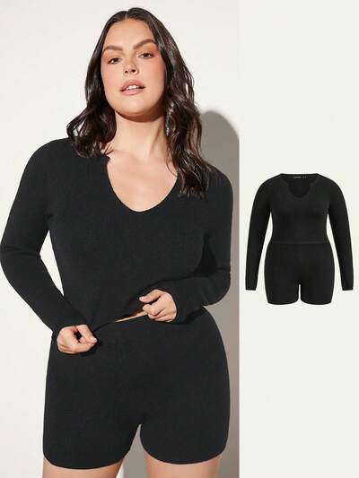 Plus Notched Neck Sweater & Knit Shorts