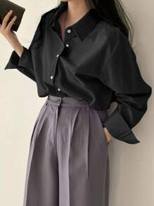 DAZY Solid Drop Shoulder Oversized Shirt,Long Sleeve Tops,Fall Clothes - Black - View 4