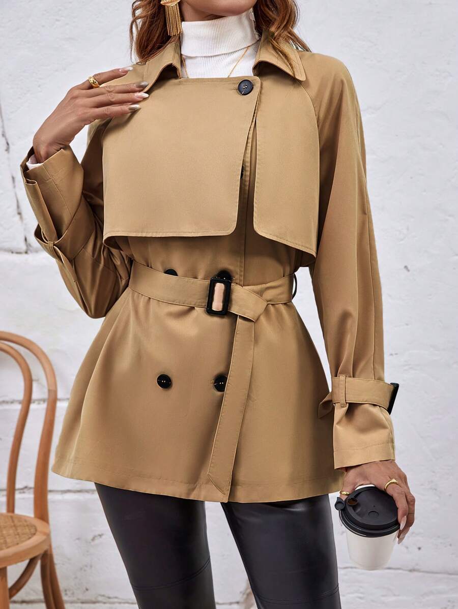 SHEIN Essnce Gabardina de doble botonadura con cinturón - Caqui - Ver 1