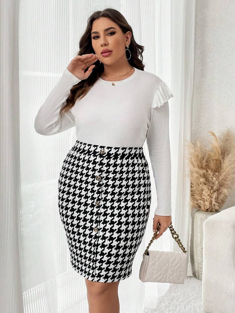Plus Ruffle Trim Tee & Houndstooth Print Skirt