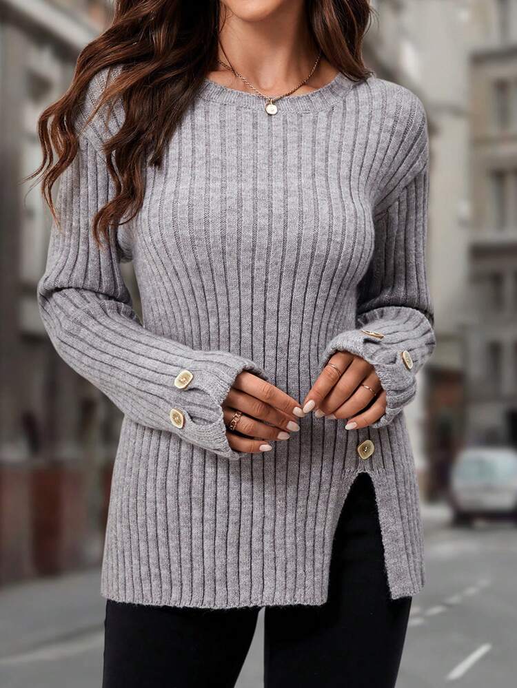 Button Detail Split Hem Drop Shoulder Sweater