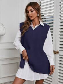 EURMUSE Solid Split Hem Sweater Vest Without Blouse - Navy Blue - View 4