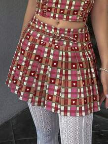 Dazy Designer Plaid & Heart Print Pleated Skirt