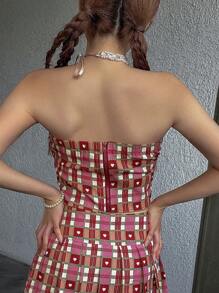 Dazy Designer Plaid & Heart Print Lace Trim Tube Top Sexy Women Tops Going Out Tops Carnival - Red - View 2