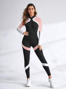 SHEIN Sport Studio Colorblock Half Zip Front Slim Fit Sports Jumpsuit Full