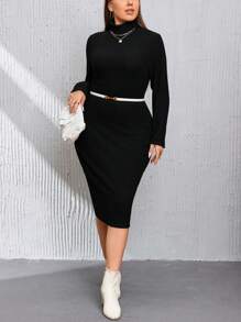 SHEIN Essnce Plus Mock Neck Ribbed Knit Bodycon Dress Without Belt - Black - View 3