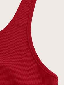 SHEIN EZwear 大碼素色繞頸露背條紋針織連身短褲 - 紅色 - 查看 3