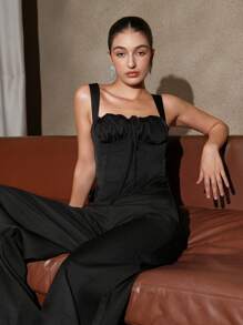 Anewsta Ruched Bust Tie Front Cami Top - Black - View 3