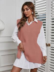 EURMUSE Solid Split Hem Sweater Vest Without Blouse - Pink - View 3