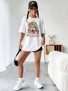 SHEIN EZwear Figure & Slogan Graphic Drop Shoulder Oversized Tee - White - View 3