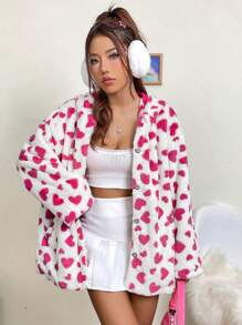 SHEIN EZwear Vrouwen Jas met capuchon Met Hart Geprint Patroon