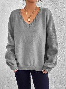 SHEIN Essnce V Neck Drop Shoulder Sweater - Grey - View 5