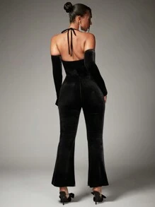 SHEIN BAE Lace Up Front Flare Leg Halter Jumpsuit With Arm Sleeves - Black - View 2