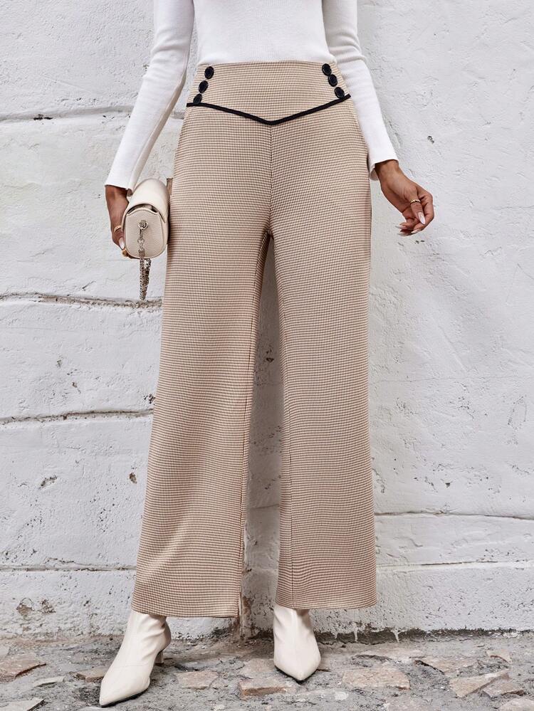 Houndstooth Print Button Detail Wide Leg Pants Fall Cloth For Women