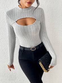 SHEIN SXY Cắt ra phía trước Cổ giả Áo thun - Xám - Xem 4