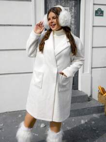 SHEIN EZwear Plus Dual Pocket Drop Shoulder Overcoat - White - View 1