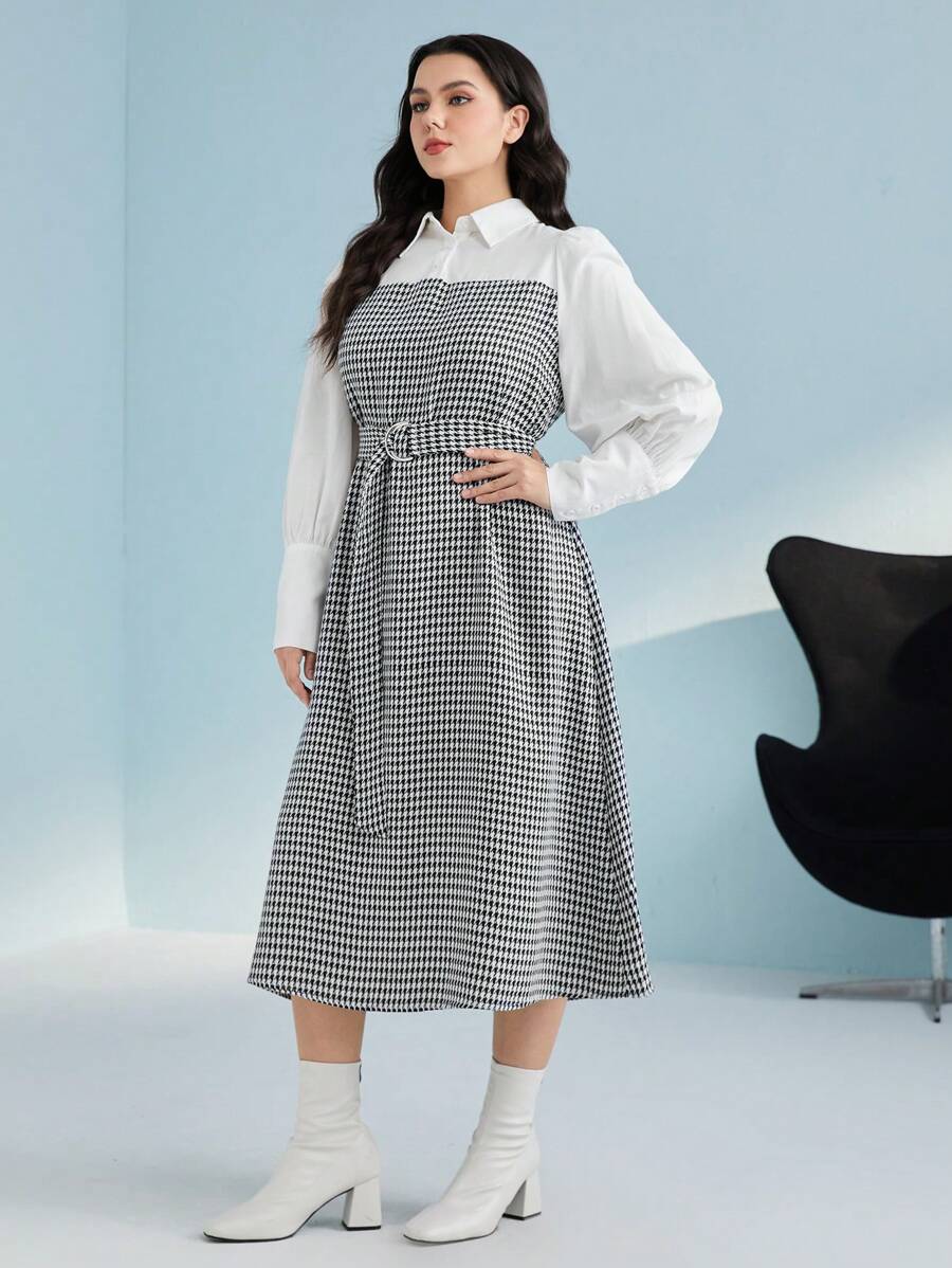 Mulvari Hơn In Houndstooth Thắt lưng Váy 2 trong 1 - Đen và trắng - Xem 1