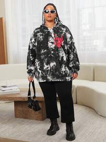 SHEIN CURVE+ Áo nỉ tay rớt vai cỡ lớn, nhuộm tie-dye, in hình bàn tay xương. - Đen và trắng - Xem 4
