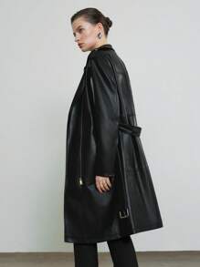 Anewsta 女士pu皮插肩領拉鍊風衣外套 - 黑色 - 查看 2