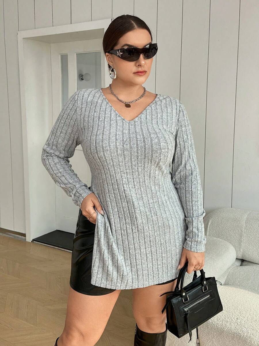SHEIN Essnce Hơn Đồ đan Ribbed Viền chia cắt Áo thun - Xám - Xem 1
