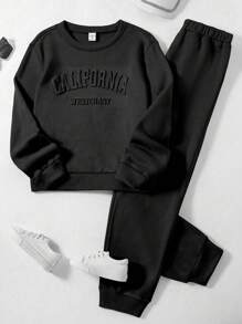 SHEIN Chica preadolescente Pantalones deportivos con pullover con estampado de letra con forro térmico