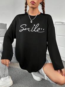 SHEIN EZwear Đồ họa Chữ cái Áo thun Thả vai - màu đen - Xem 7