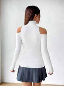 SHEIN EZwear 素色挖肩高領套頭毛衣 - 白色 - 查看 2