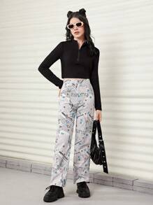 Teen Girl Floral & Slogan Graphic Straight Leg Pants