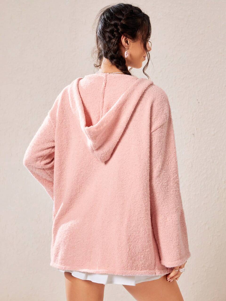 Drop Shoulder Pompom Patched Hooded Cardigan