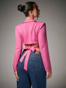 SHEIN BAE Cổ áo Buộc lại Crop Blazer - Hồng - Xem 1