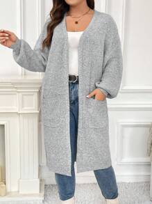SHEIN Frenchy Áo khoác cardigan dáng rộng có túi đôi thả vai - Xám - Xem 1