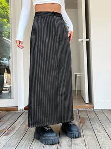 SHEIN EZwear Striped Print Split Back Skirt - Grey - View 3