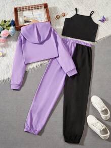SHEIN Tween Girl Solid Cami Top & Sweatpants & Hoodie