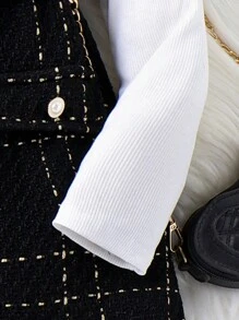 SHEIN 女小童小高領T恤和格紋印花繫腰帶洋裝 - 黑色 - 查看 3