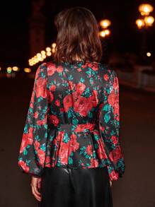 SHEIN Frenchy Blusa cruzada con estampado floral de manga farol con nudo lateral