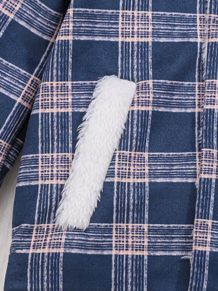 Baby Boy Plaid Teddy Lined 3D Ear Design Hooded Coat Without Sweater
