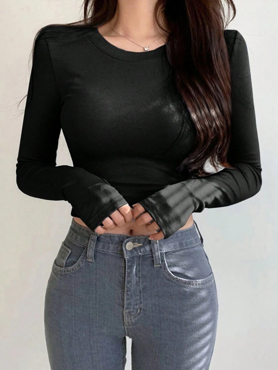 DAZY Solid Crop Tee Long Sleeve Women Tops - Black - View 1