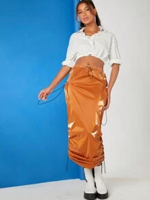 Hauture Drawstring Side Ruched Skirt - Rust Brown - View 6