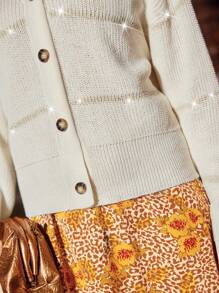 SHEIN Frenchy Mẫu sọc Nút phía trước Áo len Mở - Màu be - Xem 2