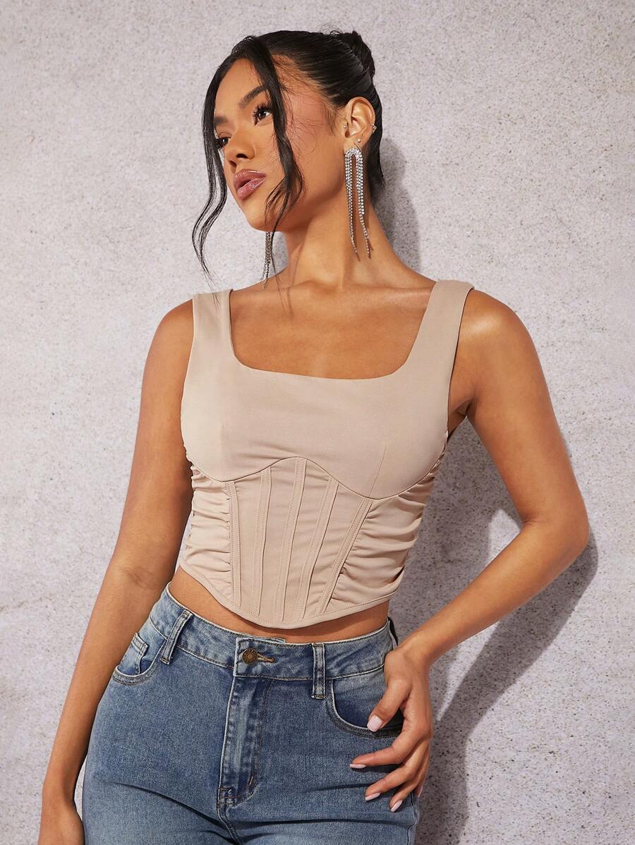 SHEIN BAE 素色褶邊背心上衣 - 卡其色 - 查看 1