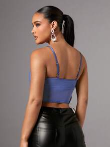 SHEIN BAE Top de tirantes unicolor ribete con fruncido de malla - Azul - Ver 2