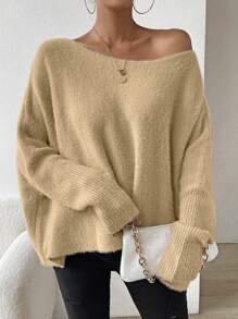 SHEIN Unity Cổ thuyền tay cánh Áo len - Màu Khaki - Xem 3