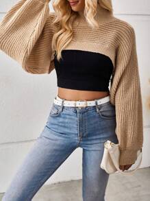 SHEIN LUNE Áo cao cổ tay cánh Siêu crop Áo len Không có áo Top Cami - Cà phê nâu - Xem 6