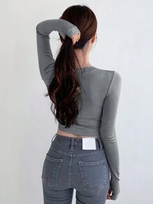 DAZY Áo thun nữ dáng ôm, tay dài, quần áo thu, áo sơ mi kiểu dáng preppy - Màu xám đen - Xem 2