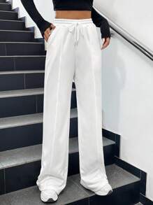 SHEIN EZwear Eo dây rút quần ống rộng Quần thể thao - trắng - Xem 4