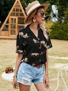 EMERY ROSE Leopard Print Lapel Neck Blouse Women Shirt