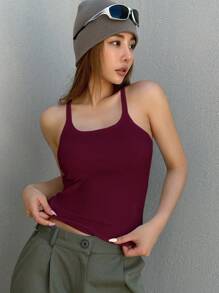 DAZY 素色條紋針織背心上衣 - 酒紅色 - 查看 4