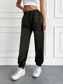 RueChic Solid Drawstring Waist Slant Pocket Sweatpants - Army Green - View 5