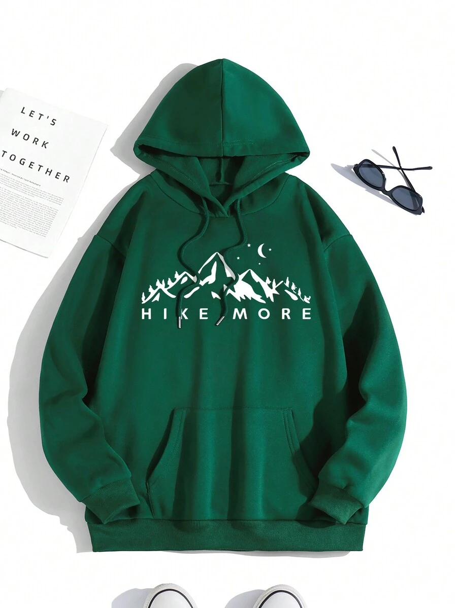 SHEIN EZwear 山和字母圖案袋鼠口袋抽繩連帽衫 - 墨綠色 - 查看 1