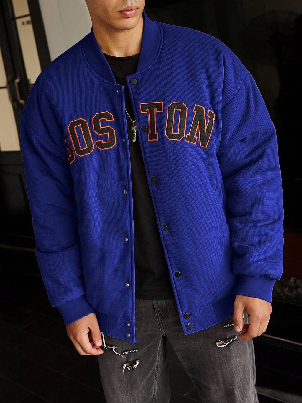 Men's Oversized Padded Coat With Letter Embroidery, Drop Shoulders And Baseball Collar